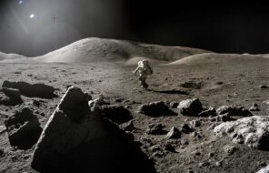 grey moon landscape with an astronaut walking