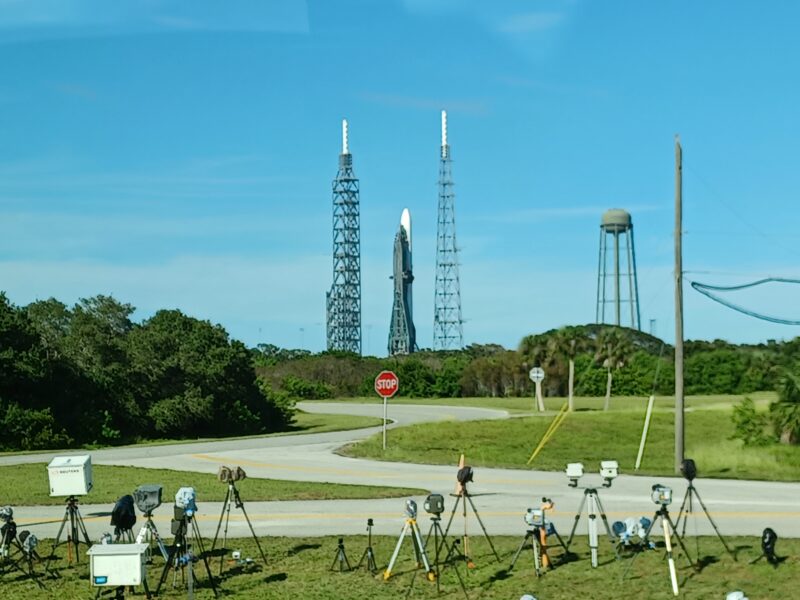 Photo of remote camera setup and the launchpad in the distance