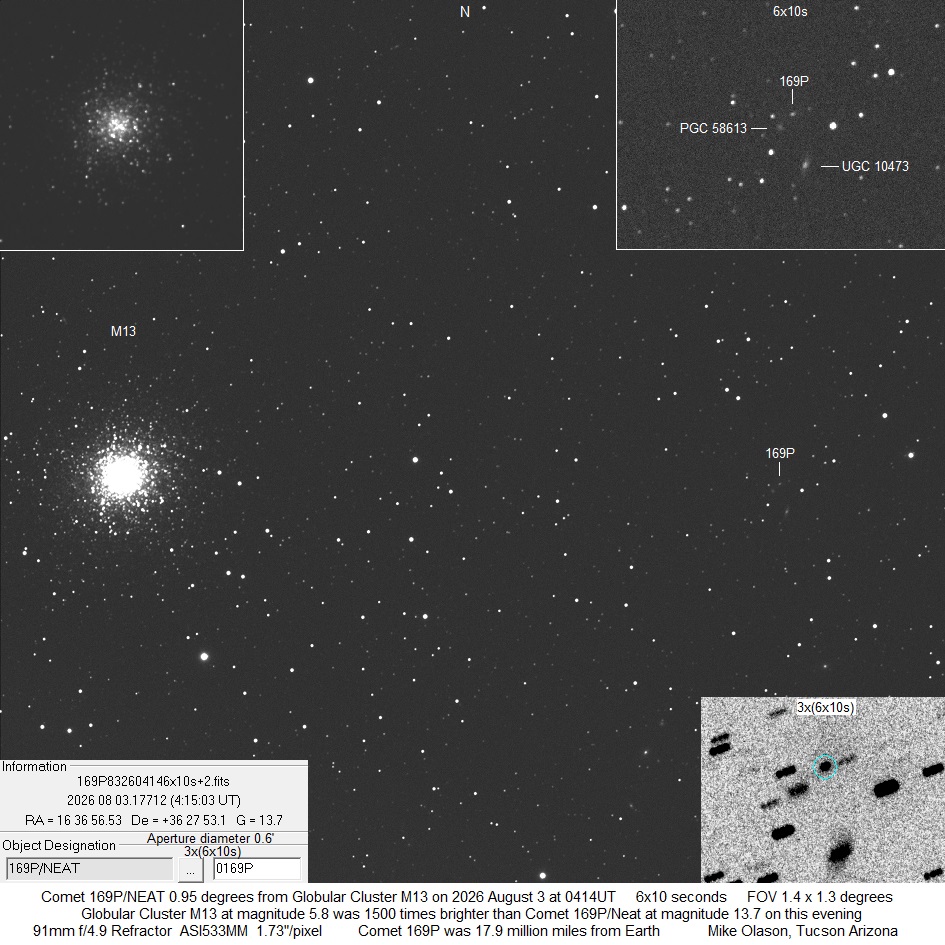 Comet 169P/NEAT passing 1 degree from Globular Cluster M13