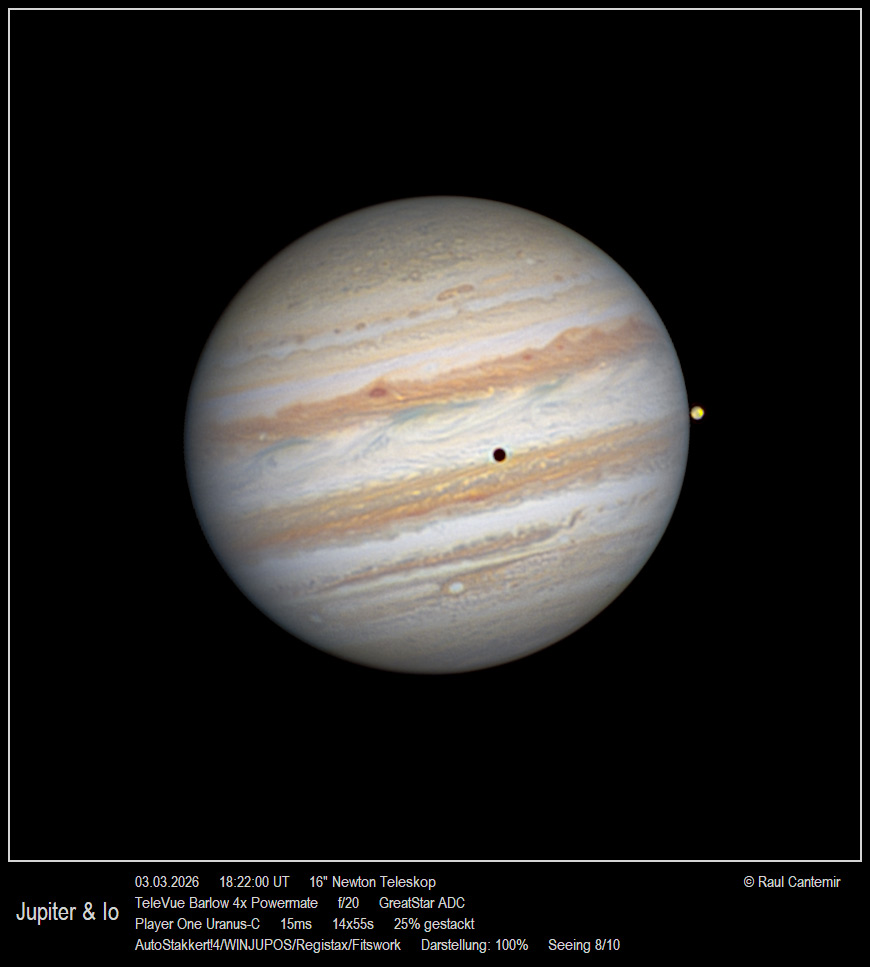 Jupiter with Io and its shadow, imaged by Raul Cantemir from his backyard in Darmstadt, Germany, at 18:22 UT March 3rd using a 16-inch Newtonian reflector. North is up.