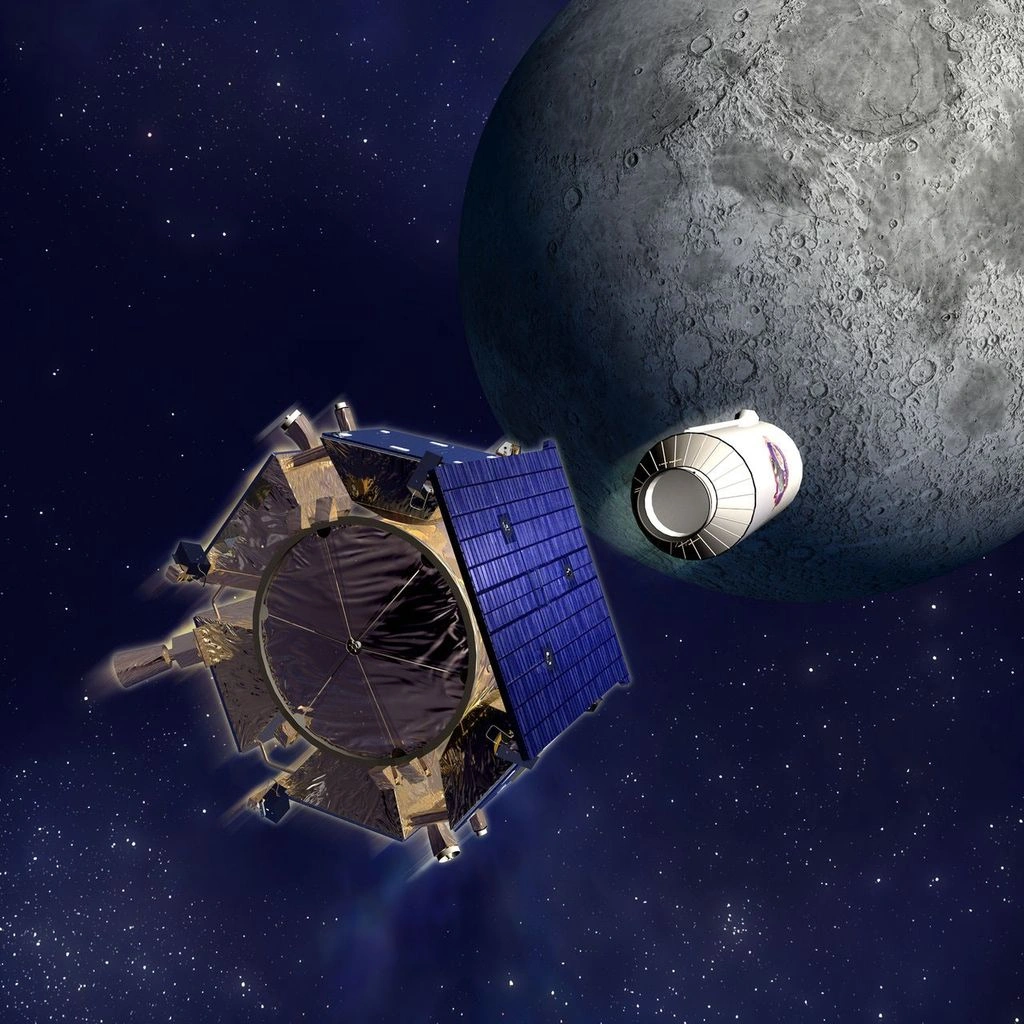 An artist's impression of the LCROSS impactor separating from the Centaur stage. <br><em>NASA</em> class=