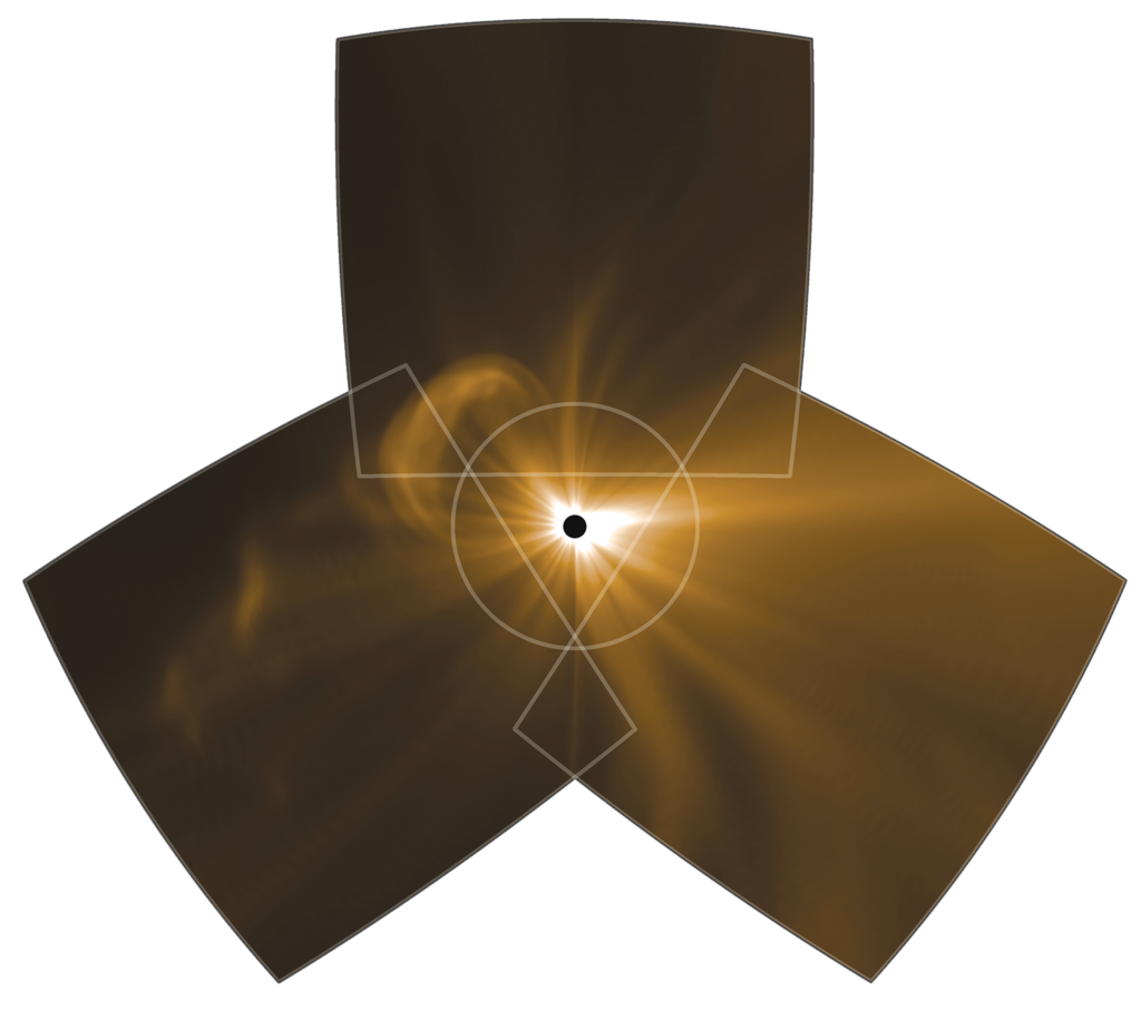 Simulation of PUNCH view of the Sun shows a small black circle at center with coronal loops and streamers around it