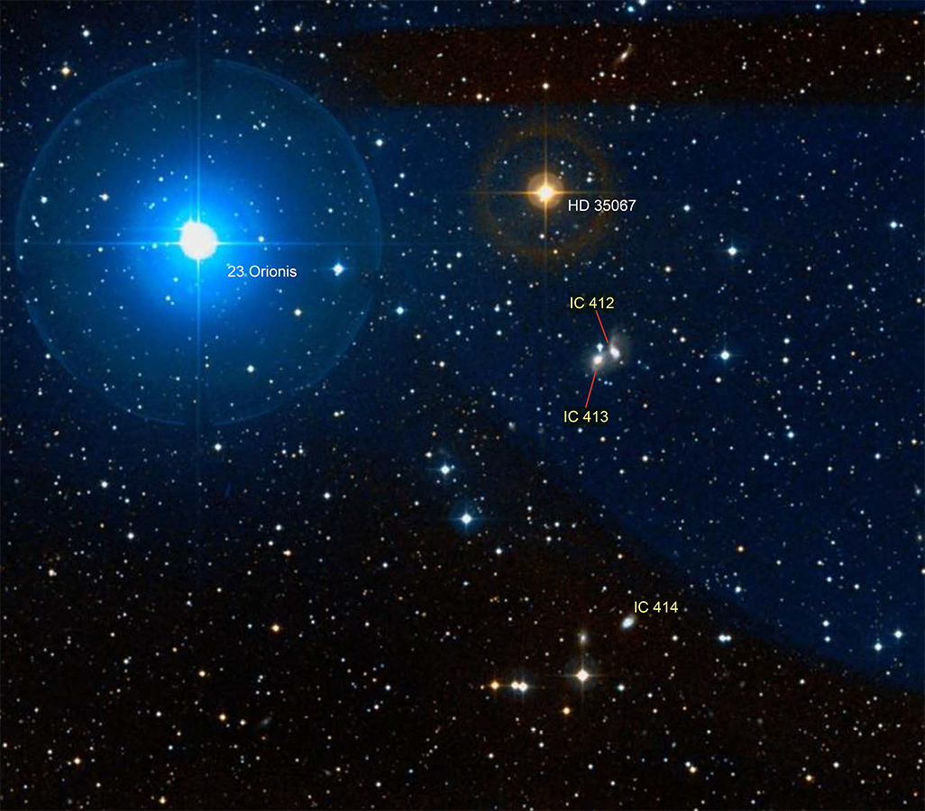 Galaxies IC 412, IC 413, and IC 414 in Orion