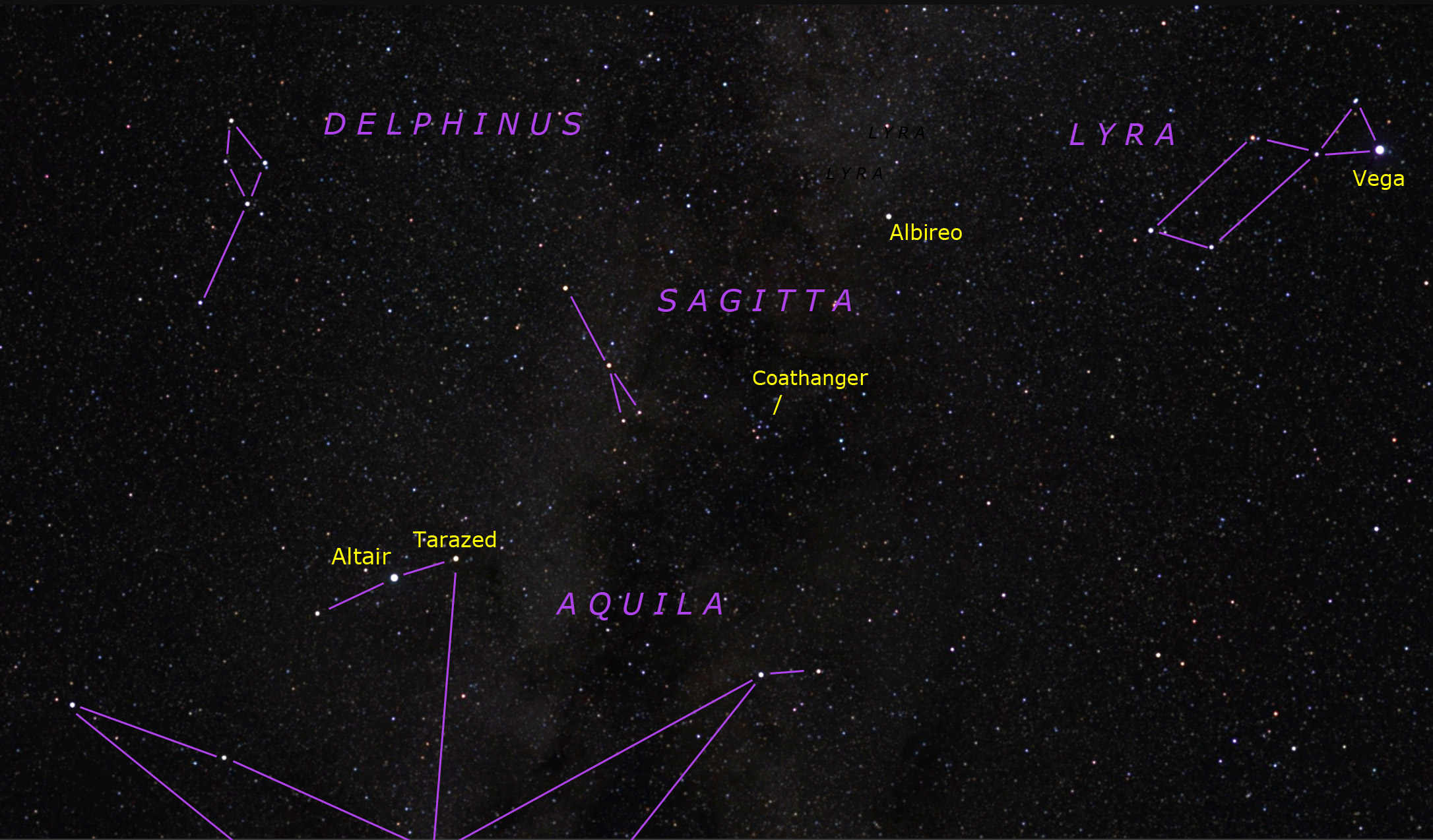 Face west-southwest and look high on late-October evenings. Altair and Vega are two of the three Summer Triangle stars. Above Altair and its constellation Aquila the Eagle fly Sagitta the Arrow and Delphinus the Dolphin.