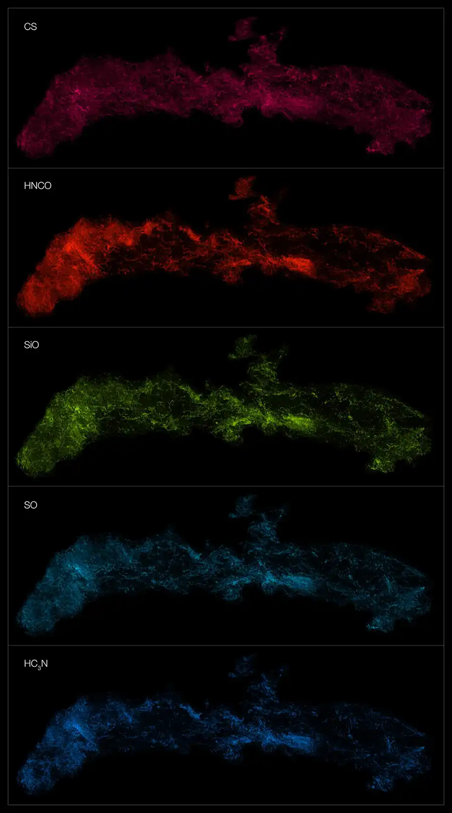 The same gas cloud is shown at wavelengths emitted by different molecules