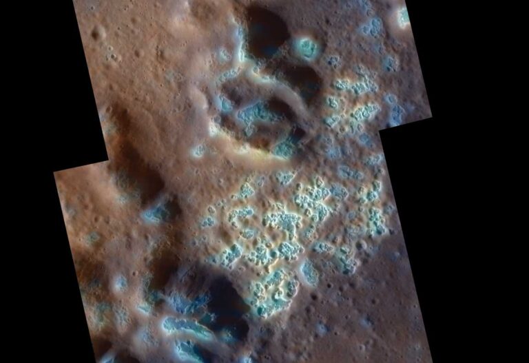 close up of brown ground with blue tinted spots on it