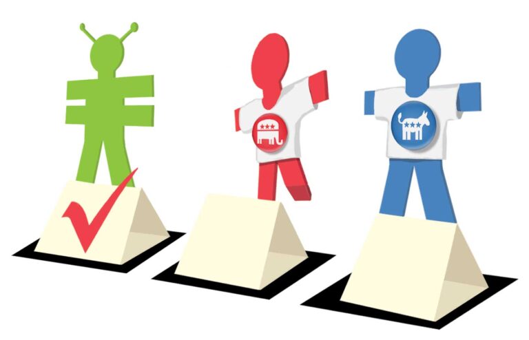 three figurines - one green, one blue, and one red, with a checkmark under the green one