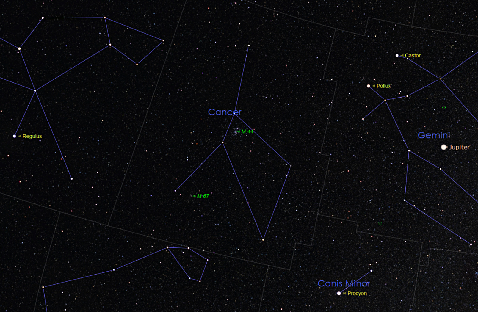 Cancer between Regulus and Pollux, with M44 (the Beehive) and M67 labeled. Facing high south at 9 pm in mid-March.
