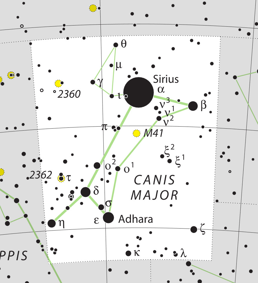 Canis Major wears brilliant Sirius on his chest.