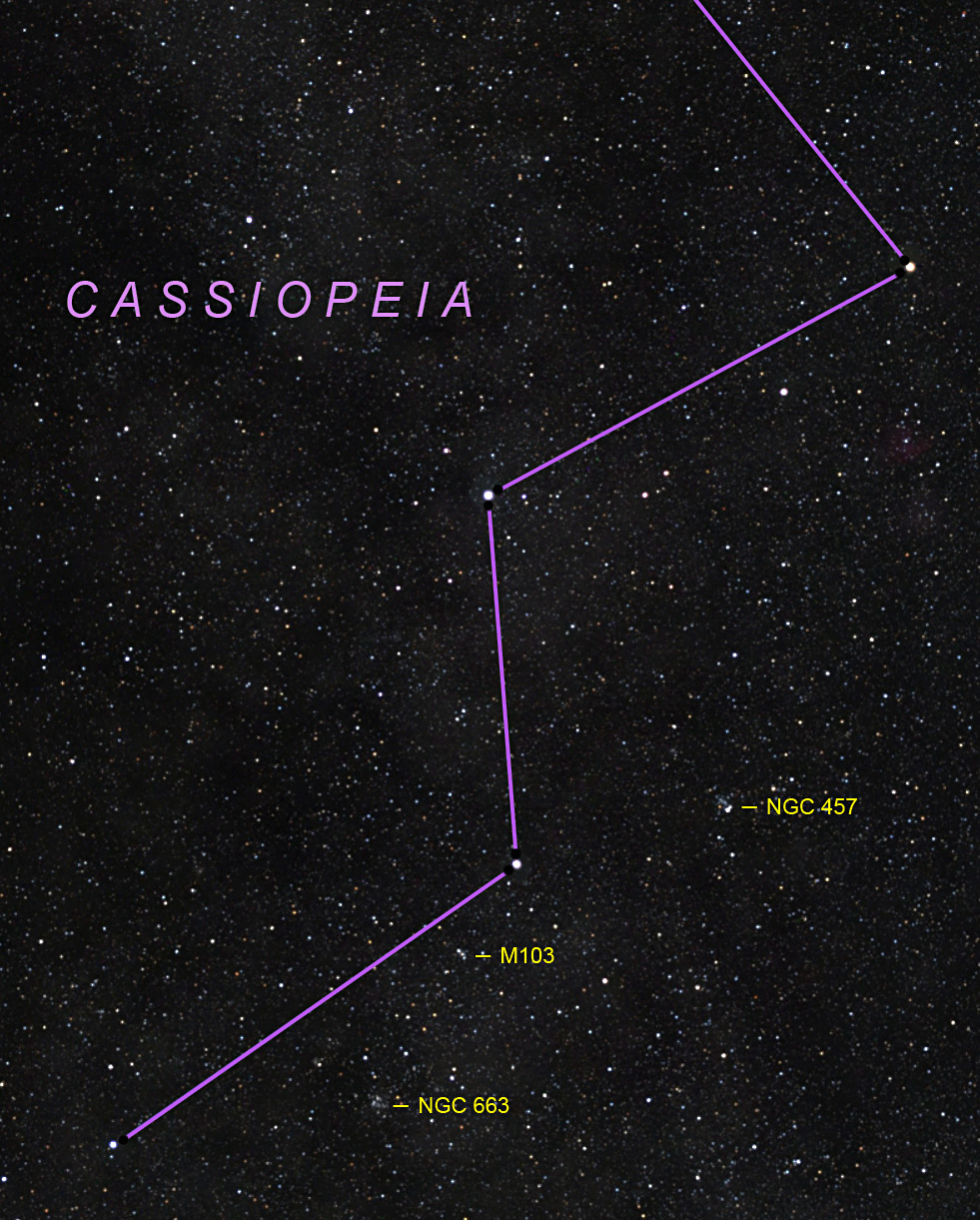 Deep view of Cassiopeia area with the little open clusters NGC 457, M103, and NGC 663 labeled
