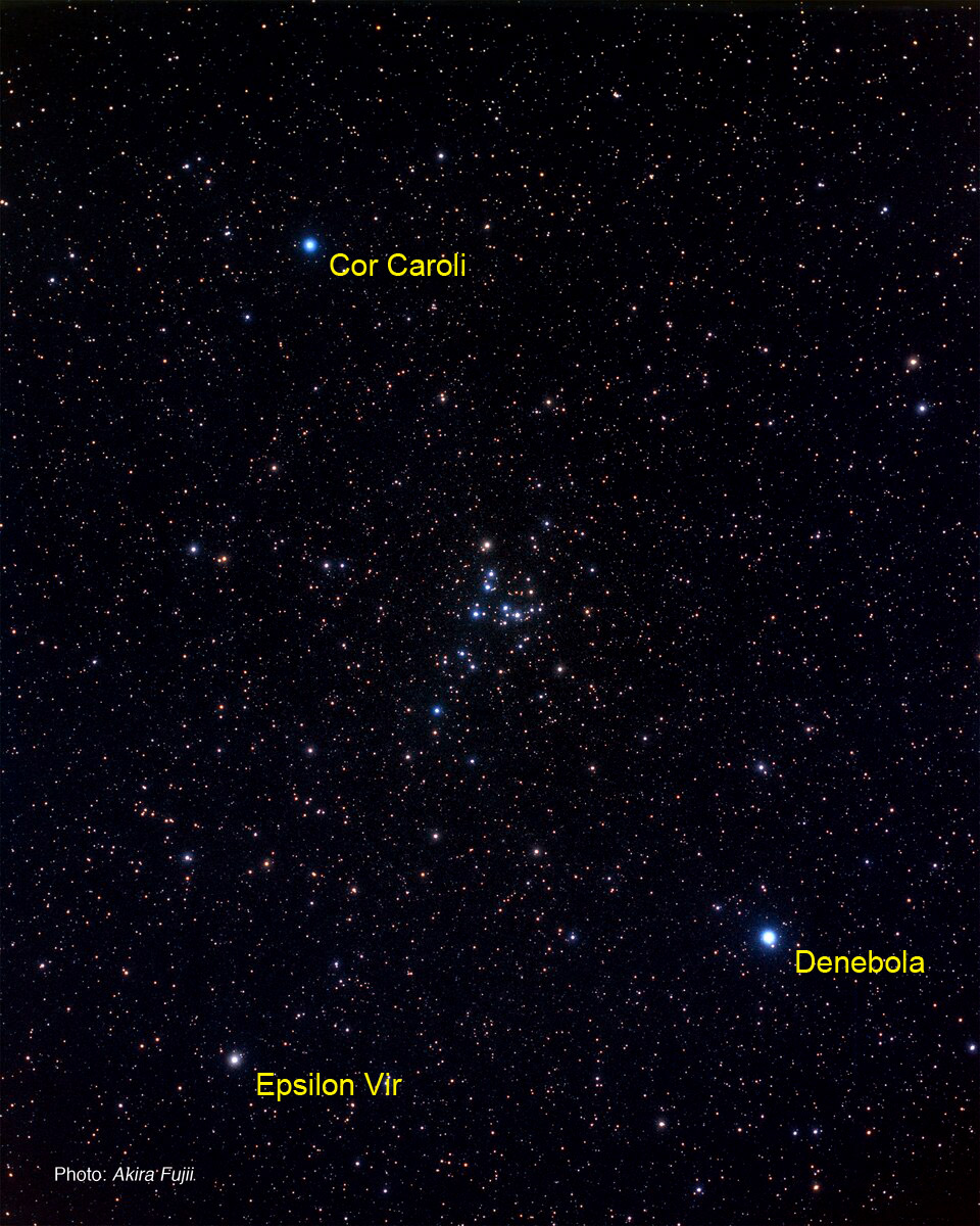 The Coma Berenices star cluster, between Denebola and Cor Caroli. Akira Fujii photo. Caption: If your bare eyes could see to 10th magnitude, this is how the Coma Star Cluster would look.