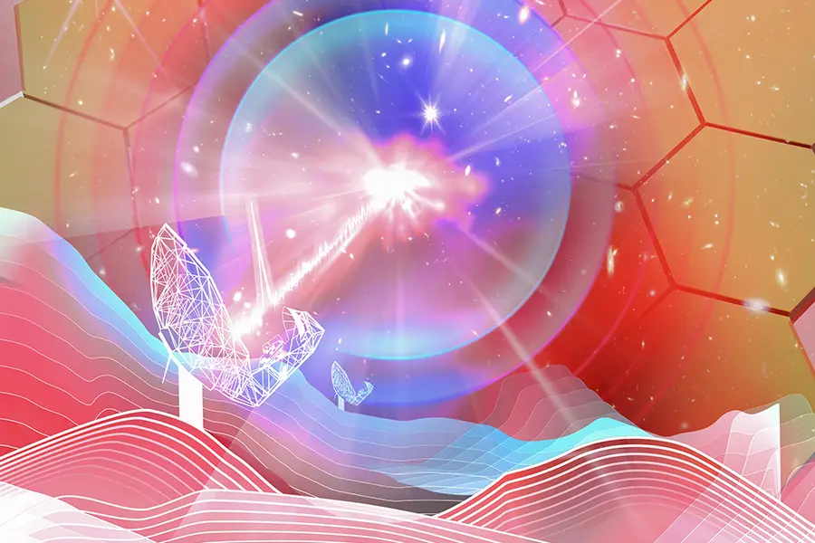 Fast Radio Burst artwork with MeerKat dish in the foreground and JWST mirror and JWST image serving as the background