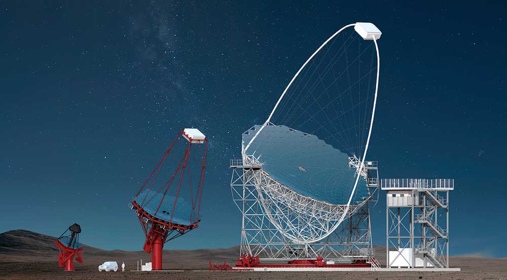 three satelittes, a large white one and two smaller red ones