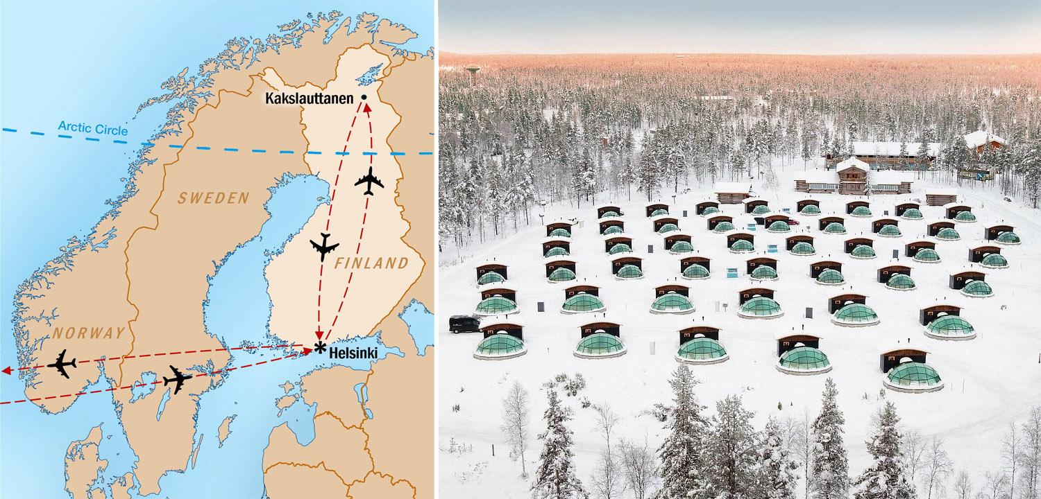 Finlland map and glass igloos at dusk