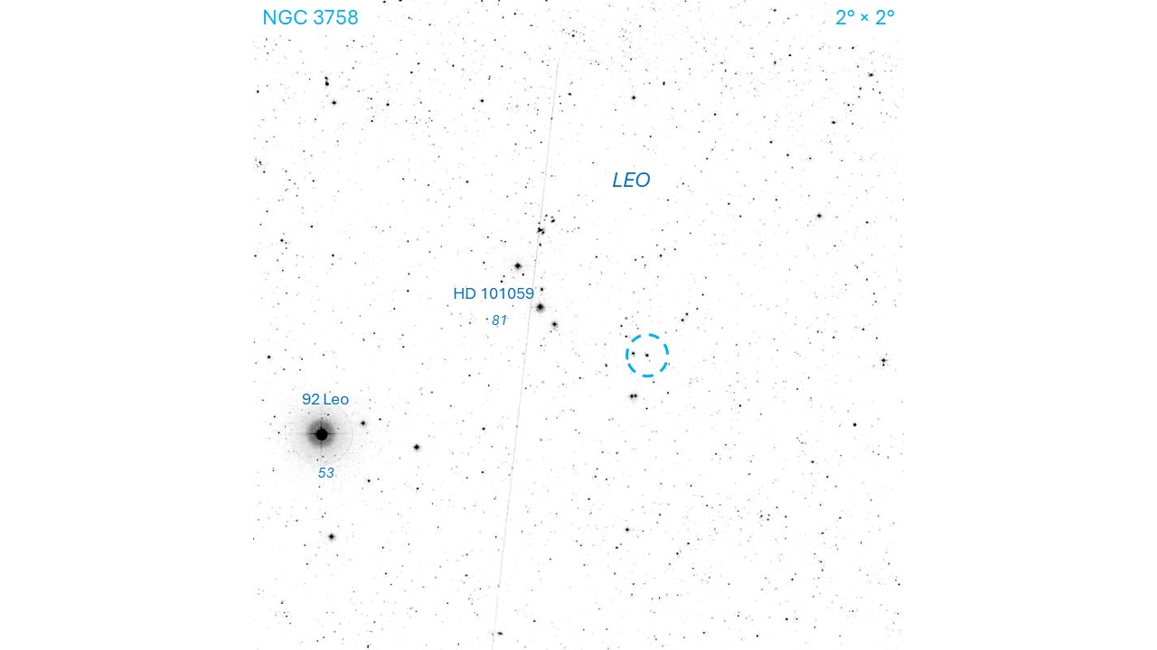 Finder chart for NGC 3758 for the Going Deep column in the May 2026 issue