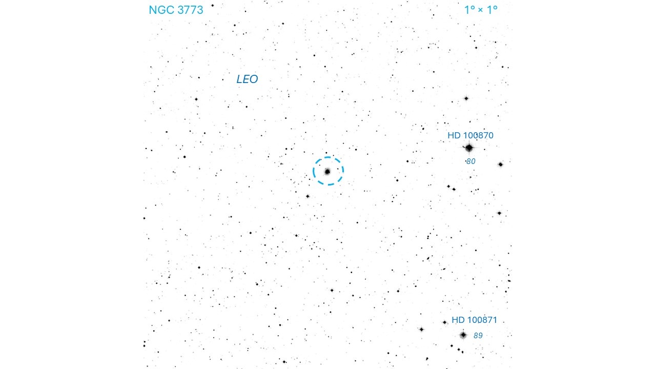 Finder chart for NGC 3773 for the Going Deep column in the May 2026 issue