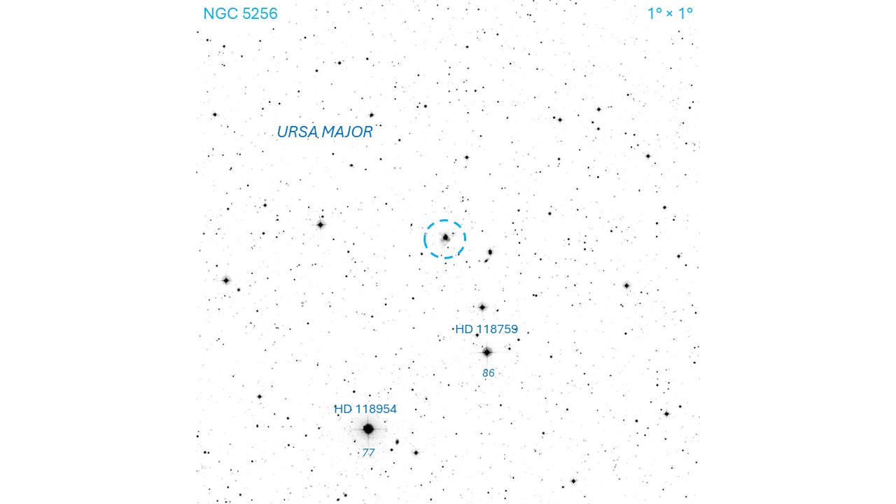 Finder chart for NGC 5256 for the Going Deep column in the May 2026 issue