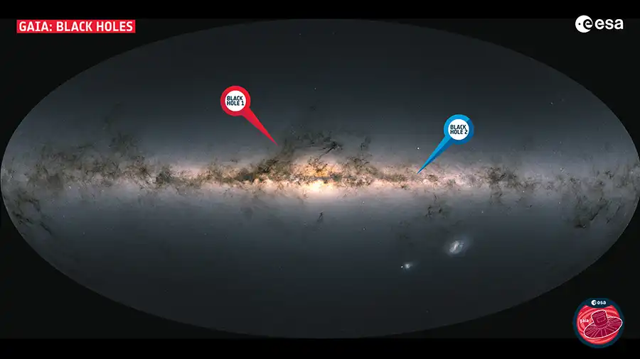 Milky Way map indicating locations of Gaia BH1 and BH2