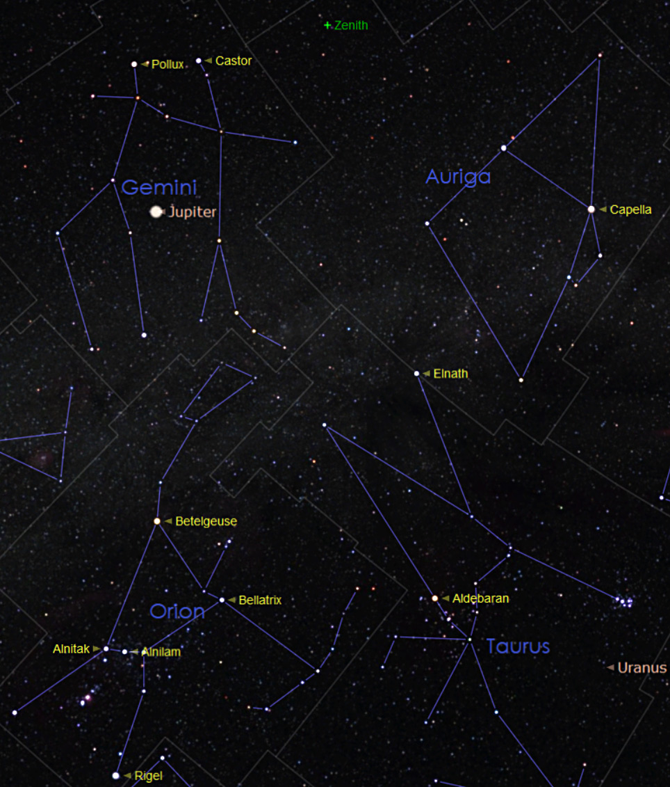 Gemini with Jupiter, Auriga, Orion, and Taurus; sky view for early evening in early March 2026
