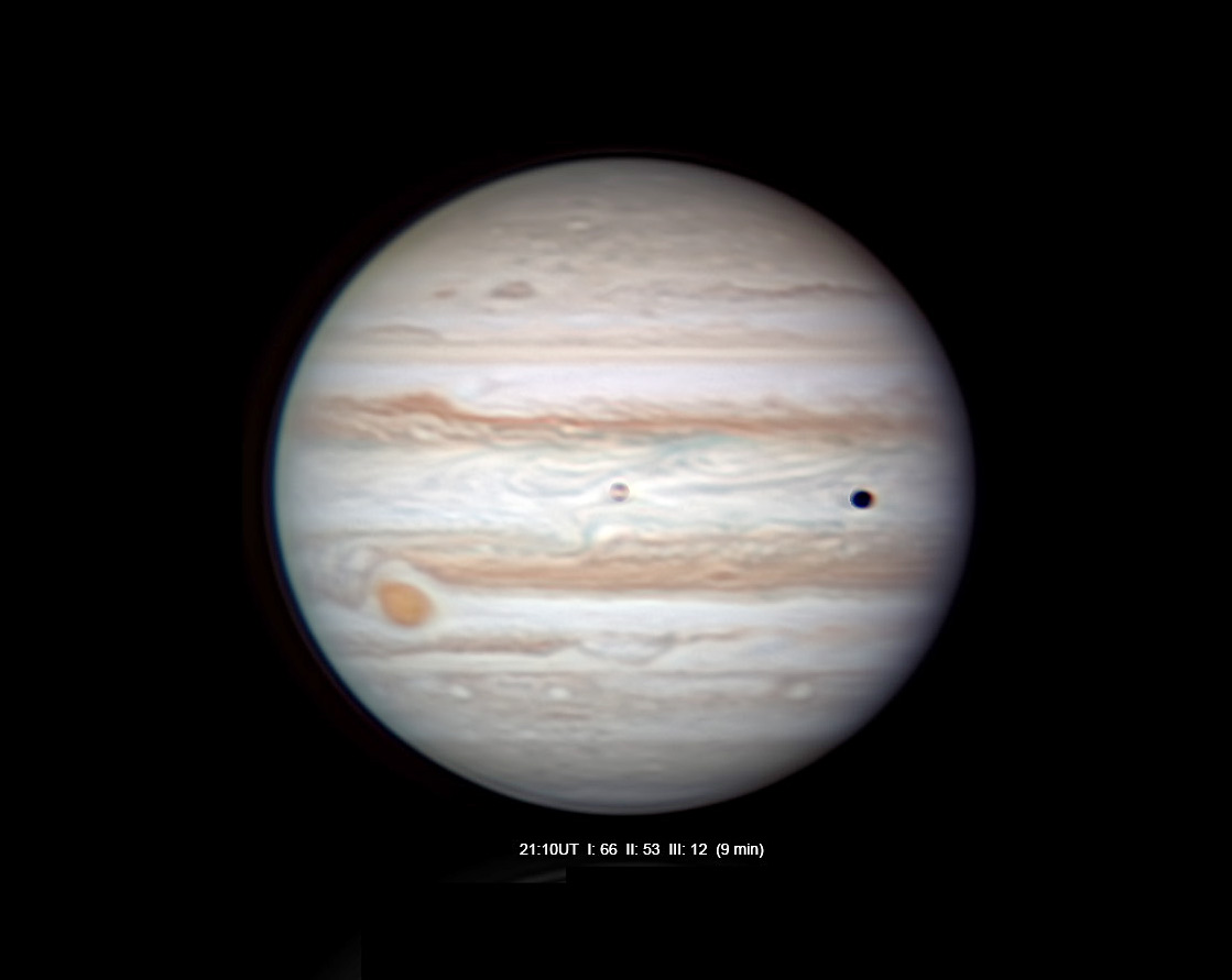 Jupiter at 21:10 UT Sept. 23, 2026, with Io and its shadow in transit. Image by Christopher Go.