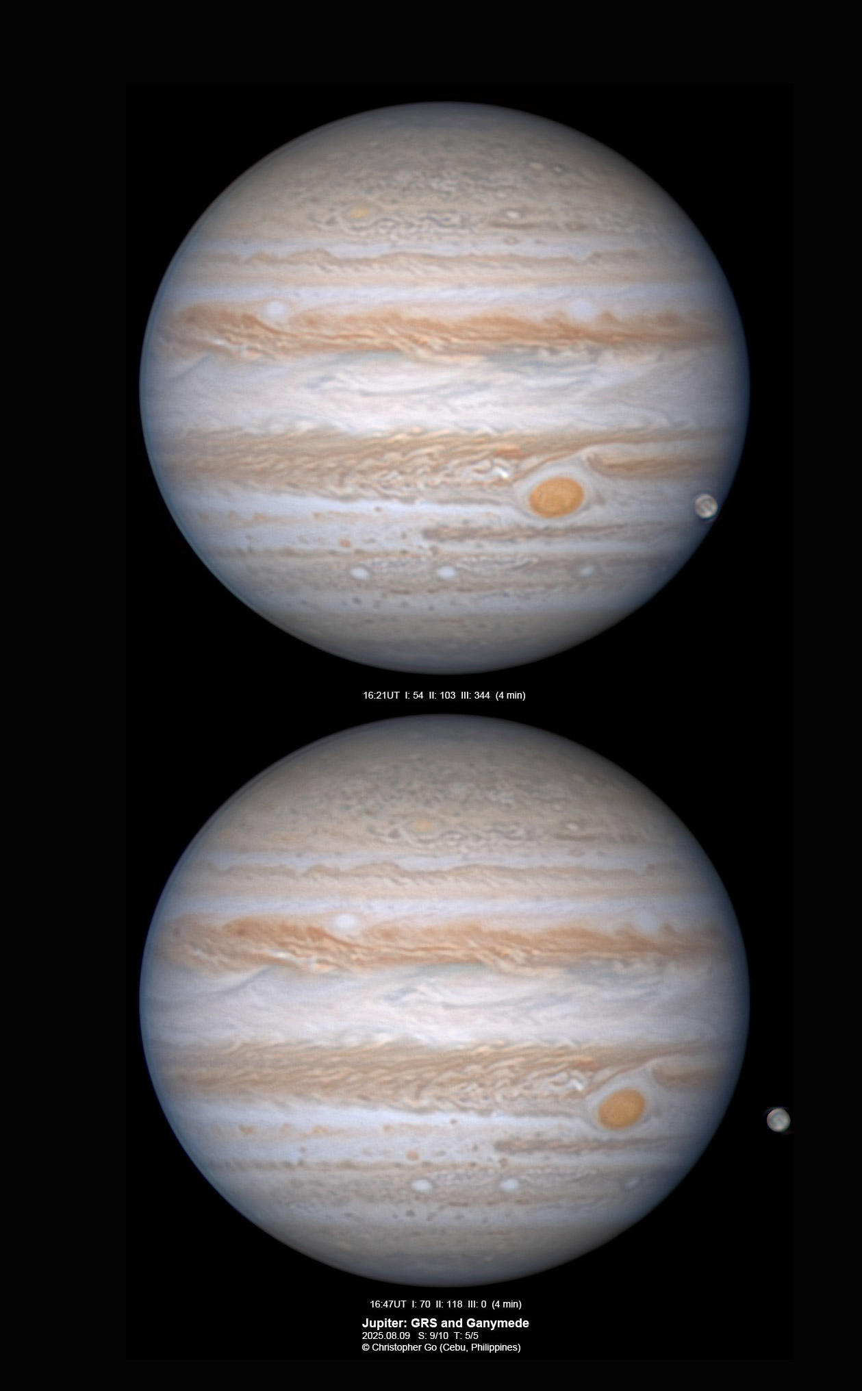 Jupiter with Great Red Spot and Ganymede, Dec. 9, 2025