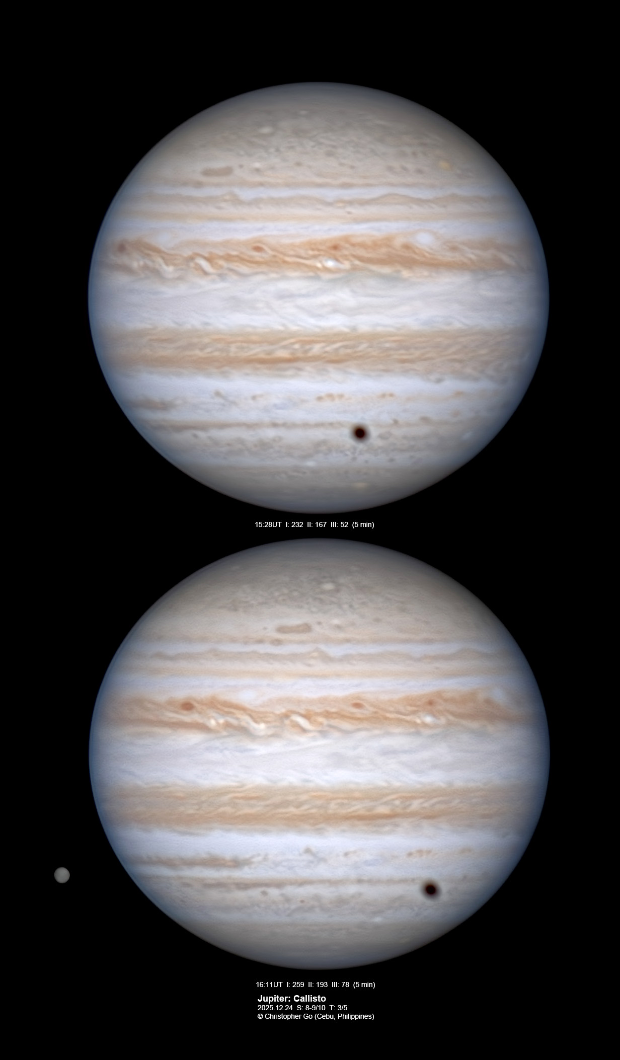 Jupiter with Callisto and its shadow, Dec. 24, 2025