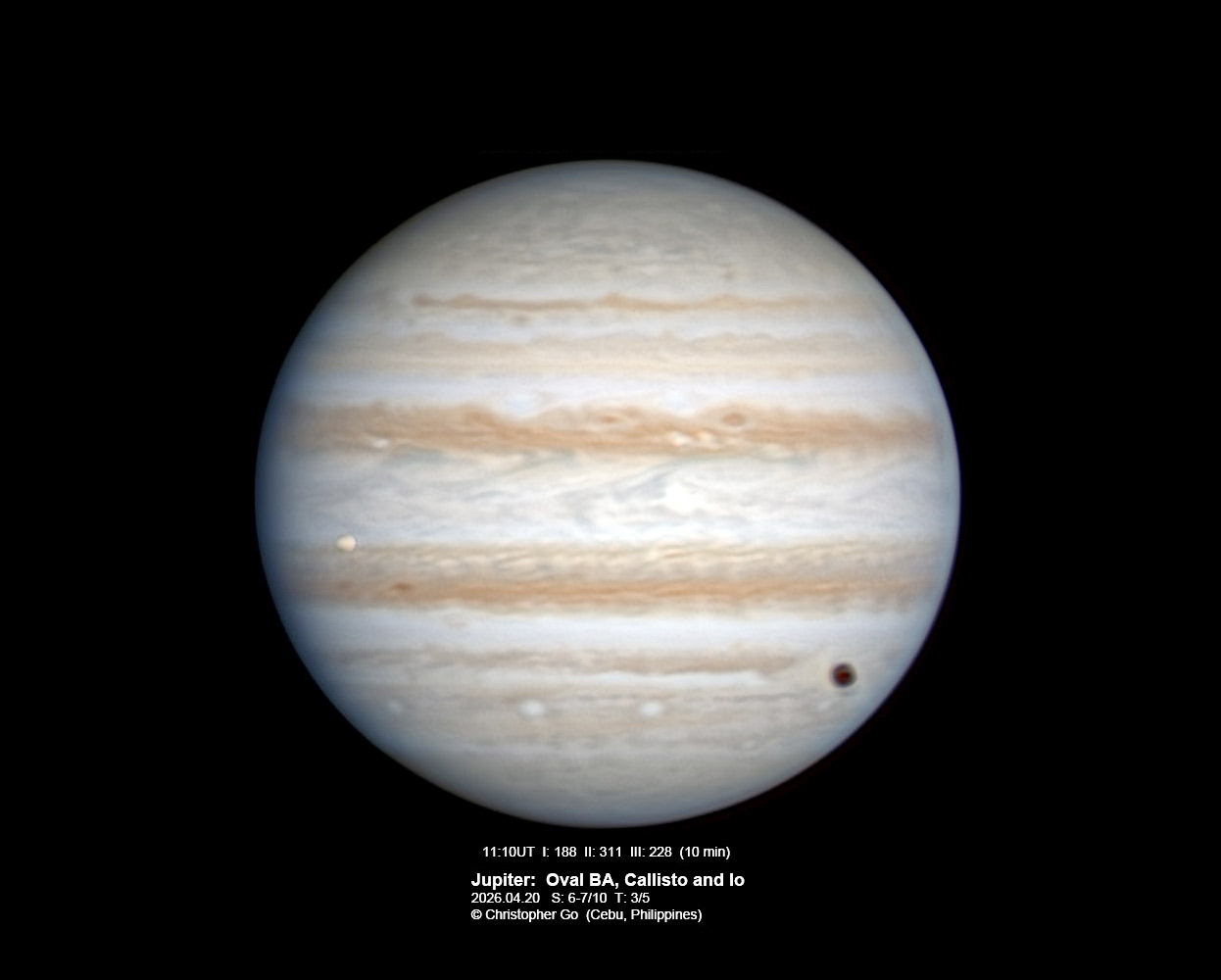 Jupiter with dark Callisto and bright Io in transit, April 20, 2026