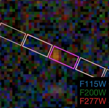 A pixelated image with a few brighter pixels right of center, with rectangles overlaid