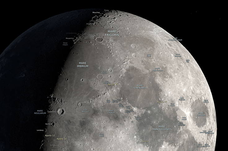 Moon a day past first quarter. LRO simulation with labels, evening of Sept. 23, 2026.
