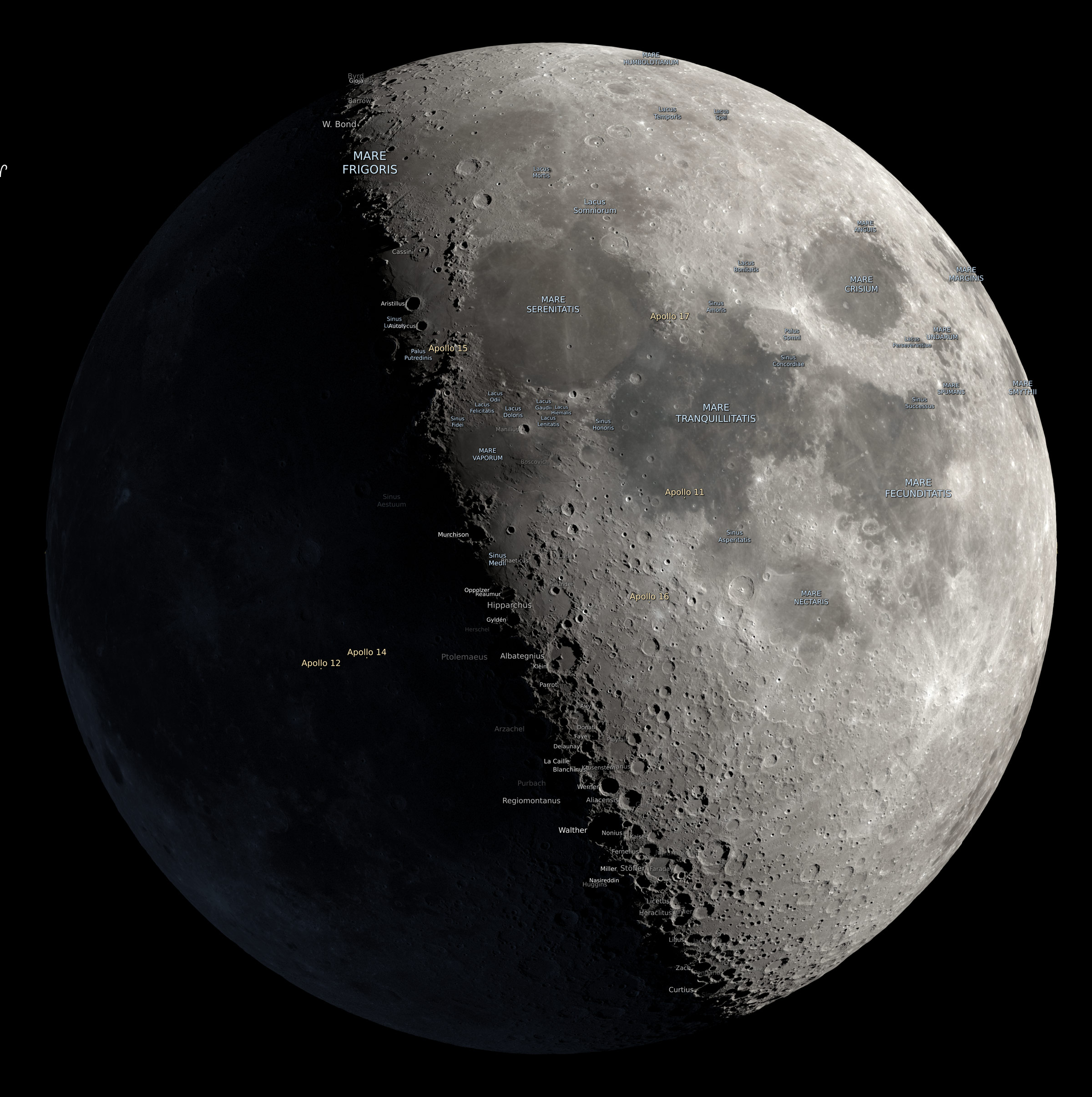 The telescopic first-quarter Moon as it will appear at 10 p.m. EDT May 23, 2026, libration included.