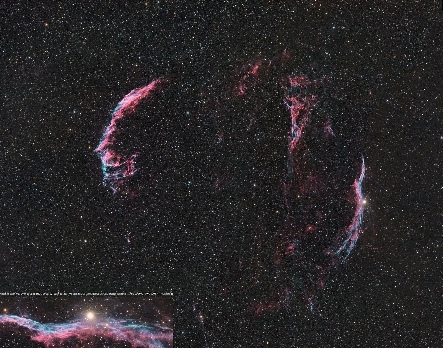 Full Cygnus Loop Mosaic (NGC6960/92) with High-Resolution Detail Inset