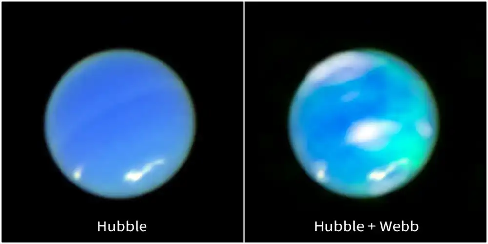 A two-panel horizontal image. On the left is Neptune observed by the Hubble Space Telescope. It is a blue circle, tilted about 25 degrees to the left. There are white smudges at 7 o’clock and just above 5 o’clock. At right is an opposing view of the planet, using data from Hubble and Webb. It is a multi-hued blue orb. There are white smudges in the same spots as the image on the left, but also at the center of the planet and at the top. There are cyan smudges vertically along the right side, and the top of these areas are more translucent than the bottom.