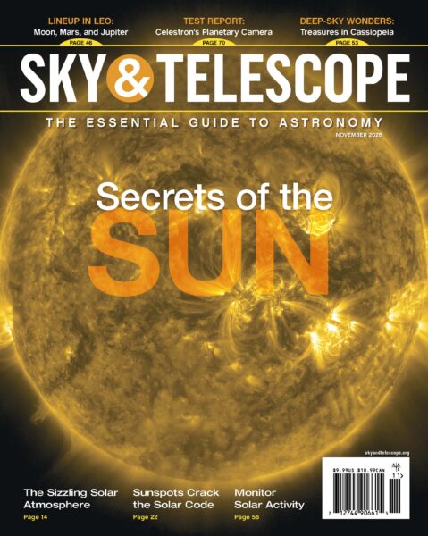 The cover of the November 2026 issue featuring the sun at ultra-violet wavelengths