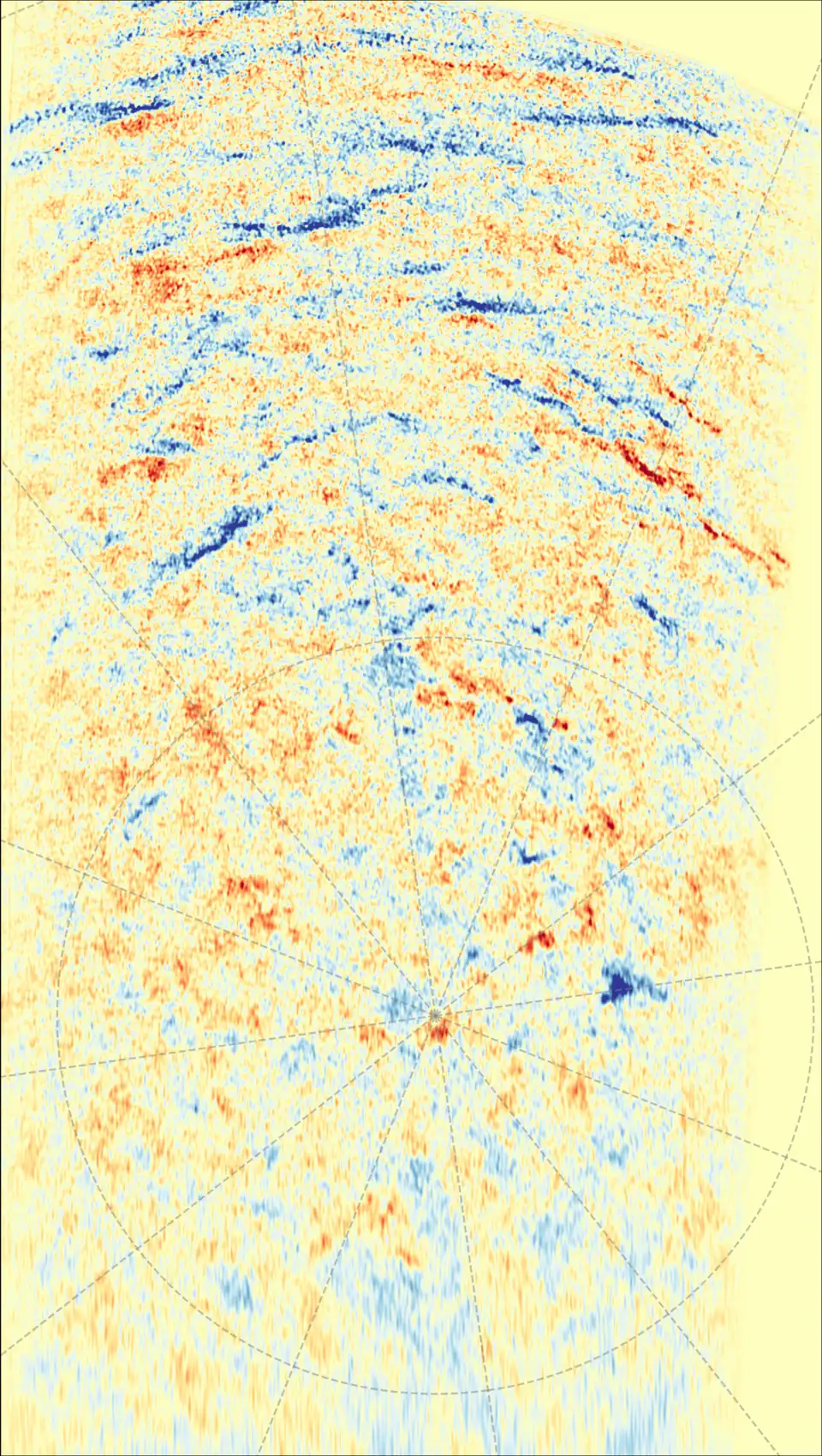 This image shows a magnetic map of the Sun's south pole filled with small red and blue dots scattered across a pale-yellow background. The red and blue colours represent opposite magnetic polarities on the Sun. A set of lines – indicating solar longitude – radiate outward from Sun's south pole near the centre of the image, like spokes on a wheel, dividing the circle into sections
