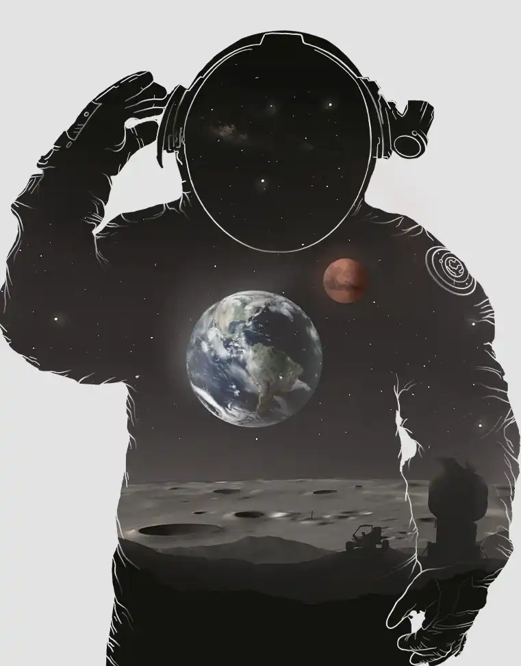 astronaut figure with moon, Earth, and Mars on space suit