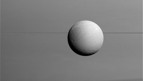 Dione in front of Saturn