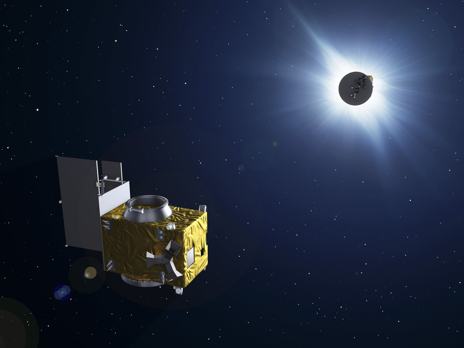 Proba-3 artwork shows the spacecraft with an eclipsed Sun in the background