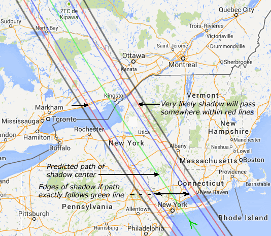 Predicted path of the Regulus occultation