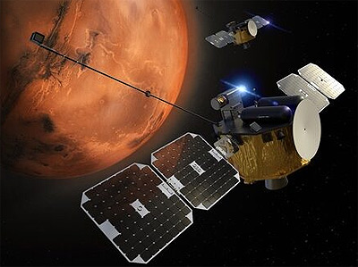 Artist's illustration of the pair of ESCAPADE spacecraft, with Mars in the background
