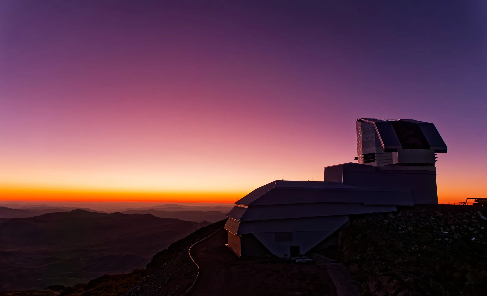 Rubin Observatory pictured at twilight