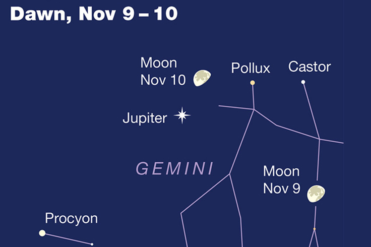 Waning gibbous Moon in early dawn with Jupiter, Pollux, and Castor, Nov 9-10, 2025