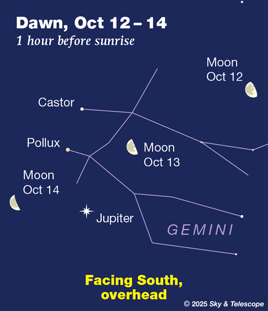 The waning Moon passes Castor, Pollux, and Jupiter in early dawn, Oct. 12-14, 2025