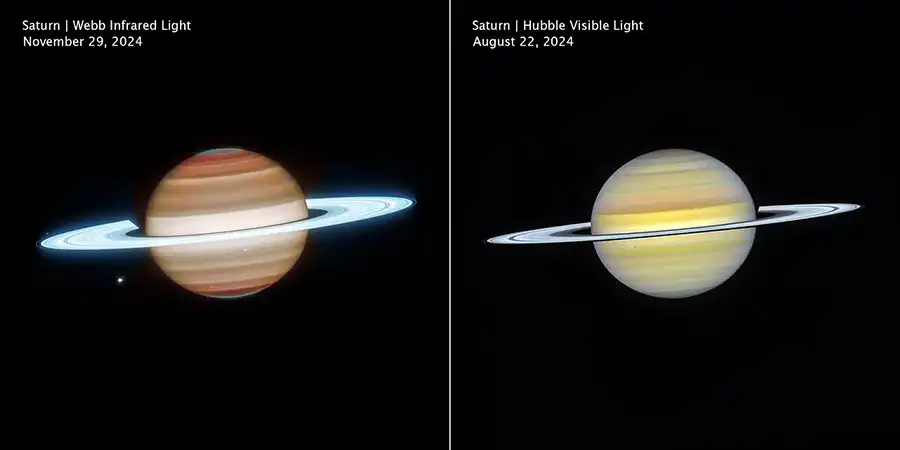 Saturn as viewed in infrared and visible light by the James Webb and Hubble space telescopes