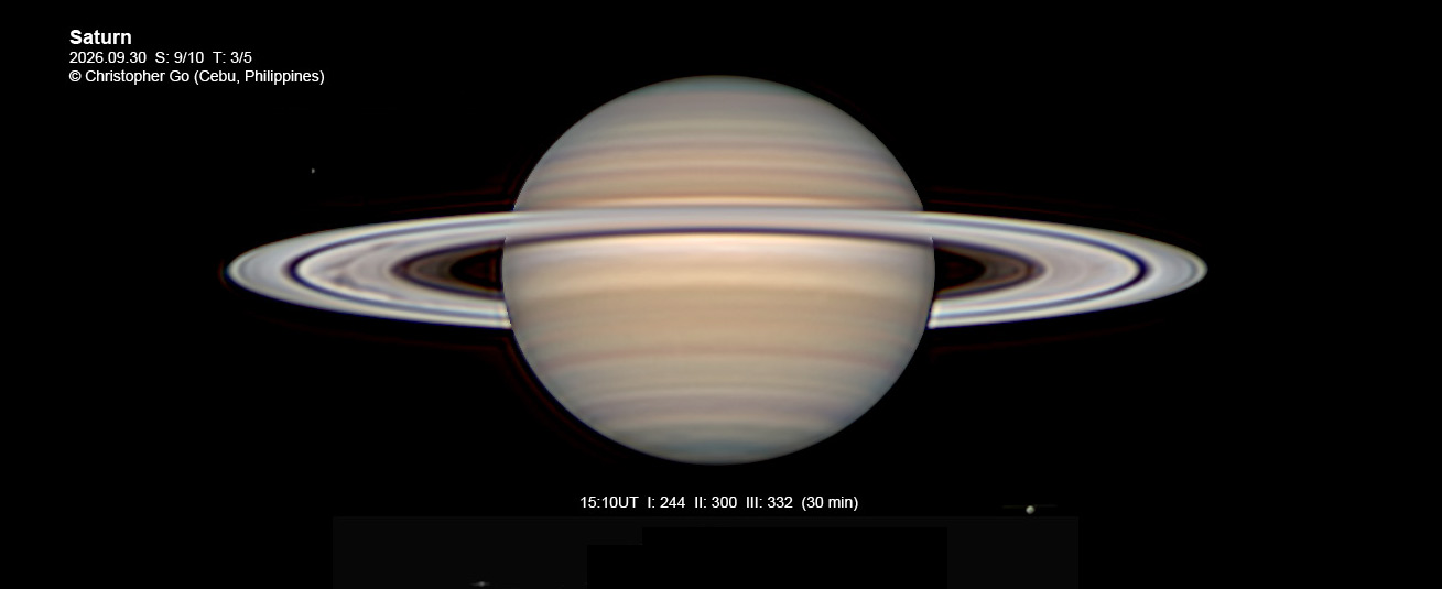 Saturn Sept. 30, 2026, near opposition, with ring spokes.