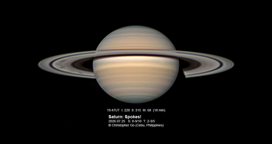Saturn with ring spokes, July 25, 2026. Image by Christopher Go. 