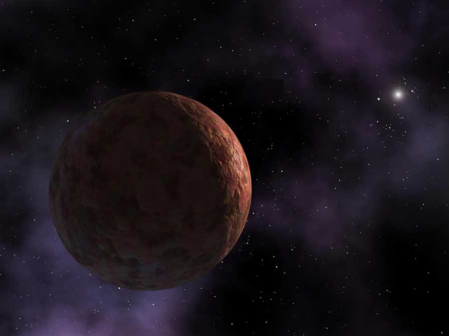 Sedna is pictured as a reddish world, with the faraway Sun in the background