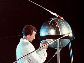 Technician working on Sputnik 1, 1957.
