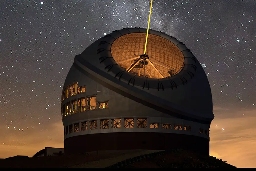 TMT spherical building has dome open, telescope inside visible, and lasers coming out of the dome and into the sky