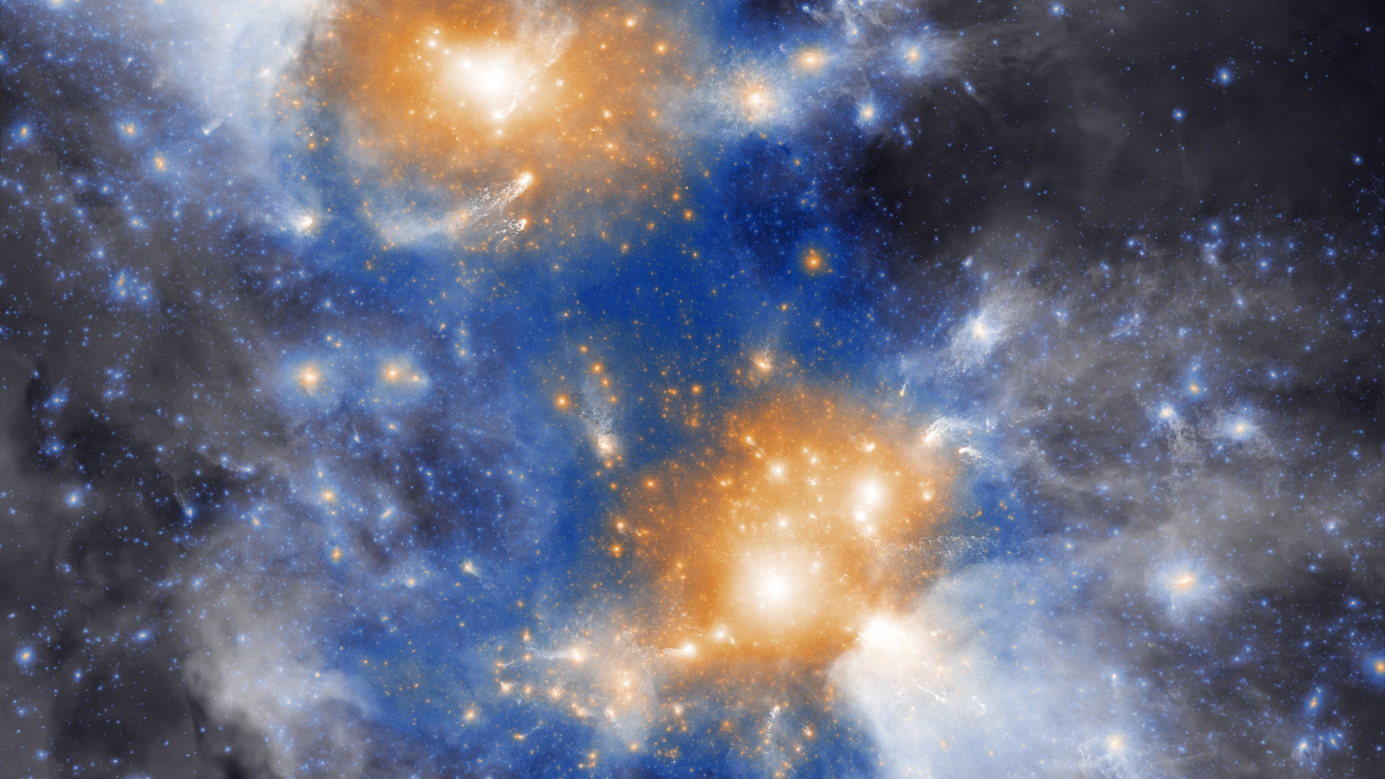 Two golden blobby structures amid a sea of blue