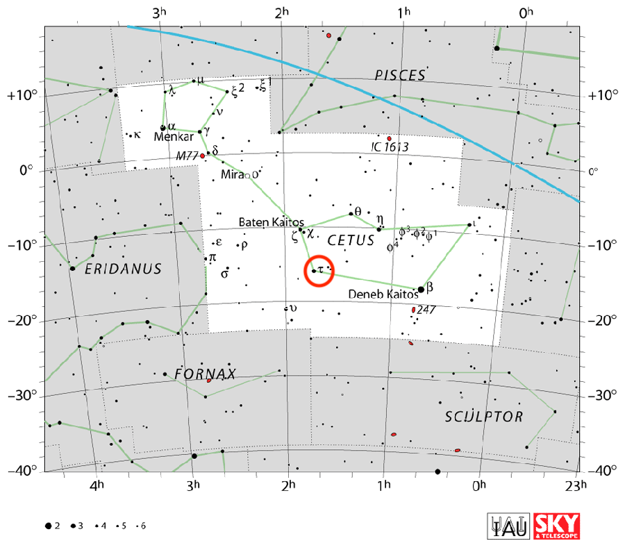 Tau Ceti on constellation map of Cetus